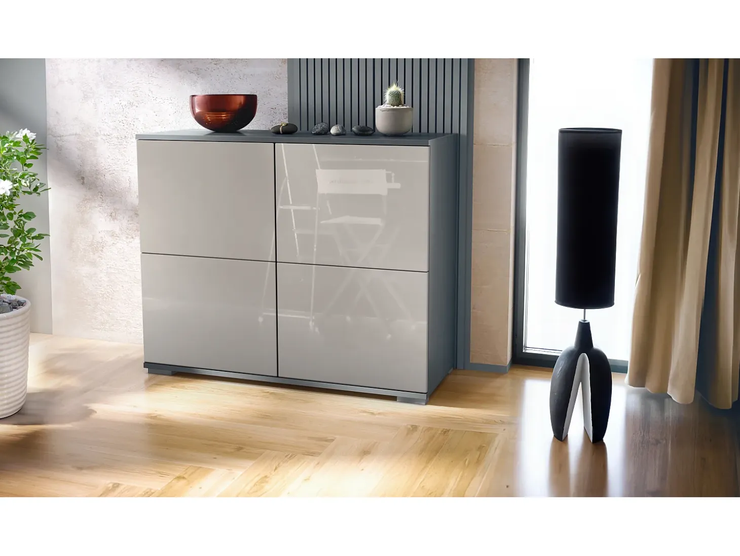 Aparador Rova V3 – Armario de cocina moderno con 4 puertas Push-to-Open antracita mate / gris arena de alto brillo (92,5 x 75.5 x 35)