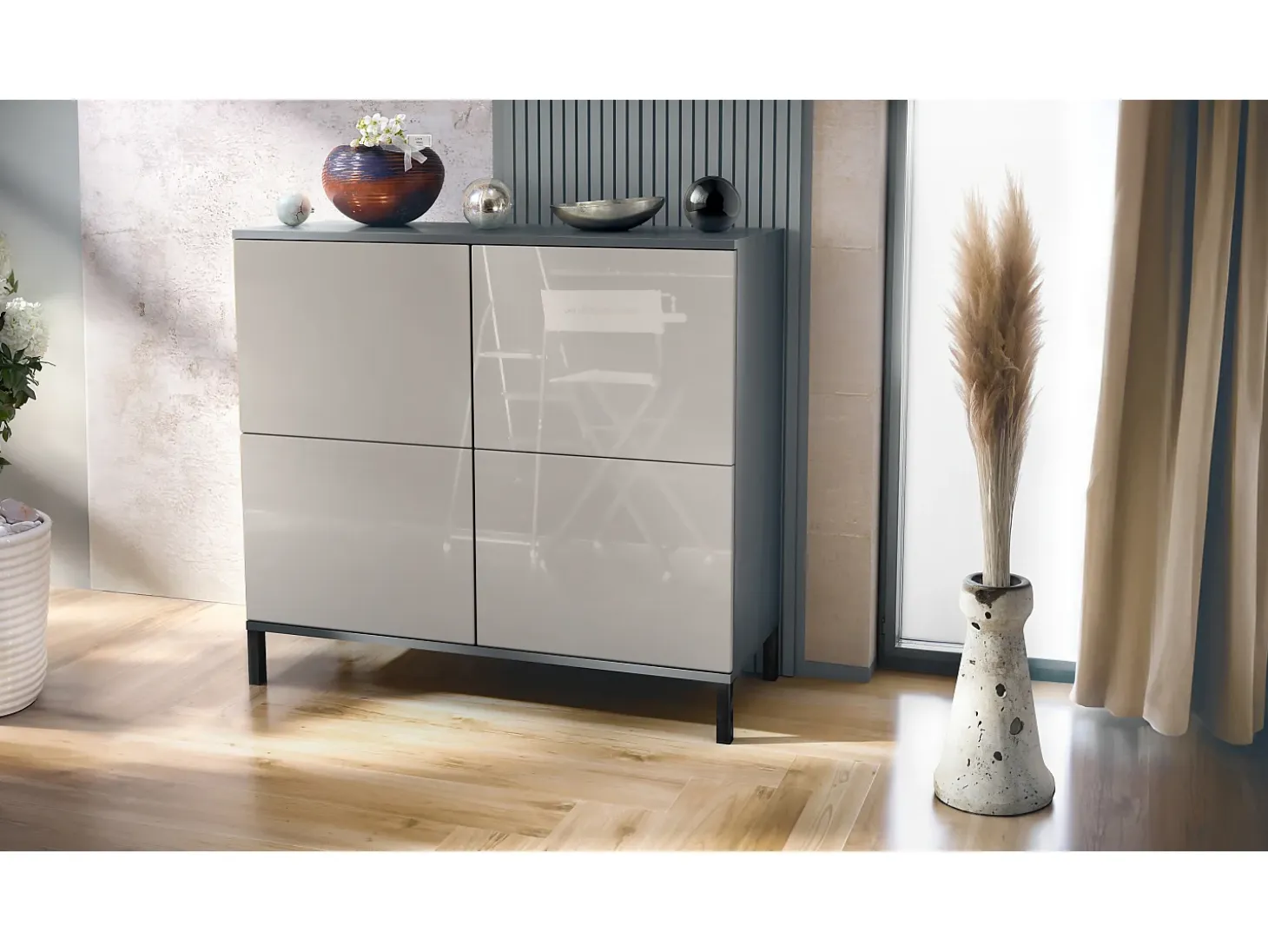Aparador Rova V3 – Armario de cocina moderno con 4 puertas Push-to-Open antracita mate / gris arena de alto brillo (92,5 x 83.5 x 35)