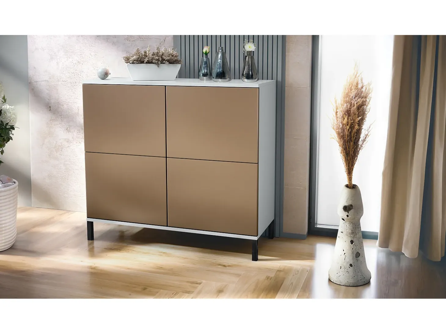 Aparador Rova V3 – Armario de cocina moderno con 4 puertas Push-to-Open blanco mate / aspecto en bronce (92,5 x 83.5 x 35)