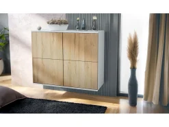 Aparador Rova V3 – Armario de cocina moderno con 4 puertas Push-to-Open blanco mate / roble natural (92,5 x 73.5 x 35)