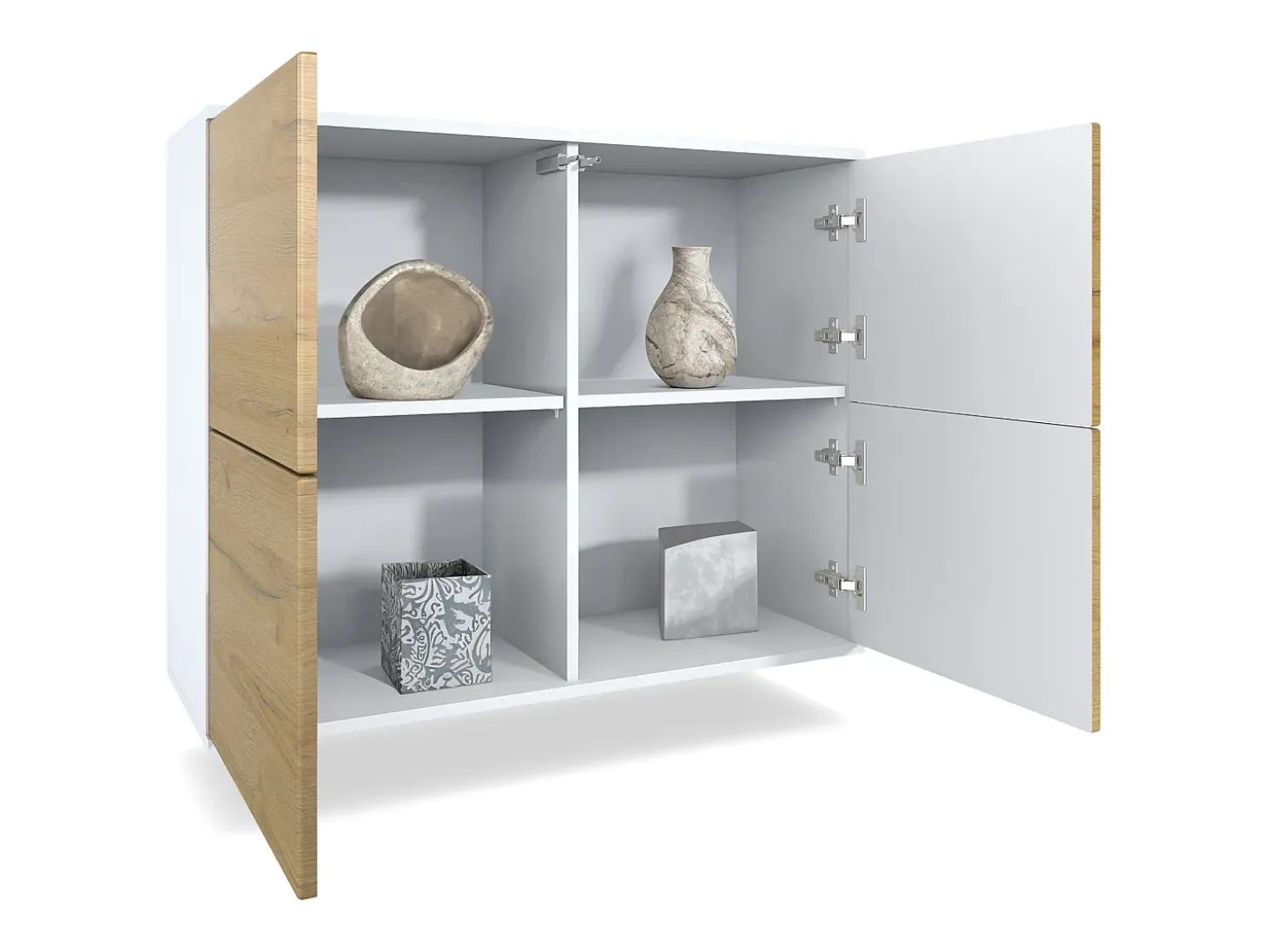 Aparador Rova V3 – Armario de cocina moderno con 4 puertas Push-to-Open blanco mate / negro de alto brillo (92,5 x 73.5 x 35)