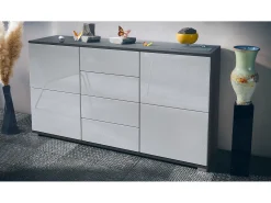 Aparador Rova V1 – Mueble con 4 Puertas y 4 Cajones, antracita mate/blanco de alto brillo (138,5 x 75,5 x 35)