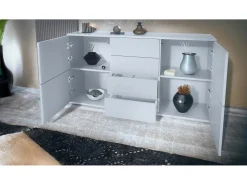 Aparador Rova V1 – Mueble con 4 Puertas y 4 Cajones, blanco mate/crema de alto brillo (138,5 x 75,5 x 35)