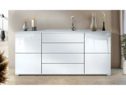Aparador Rova V2 – Mueble con 4 Puertas y 4 Cajones, blanco mate/blanco de alto brillo (166,5 x 75,5 x 35)