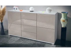 Aparador Rova V1 – Mueble con 4 Puertas y 4 Cajones, blanco mate/gris arena de alto brillo (138,5 x 75,5 x 35)
