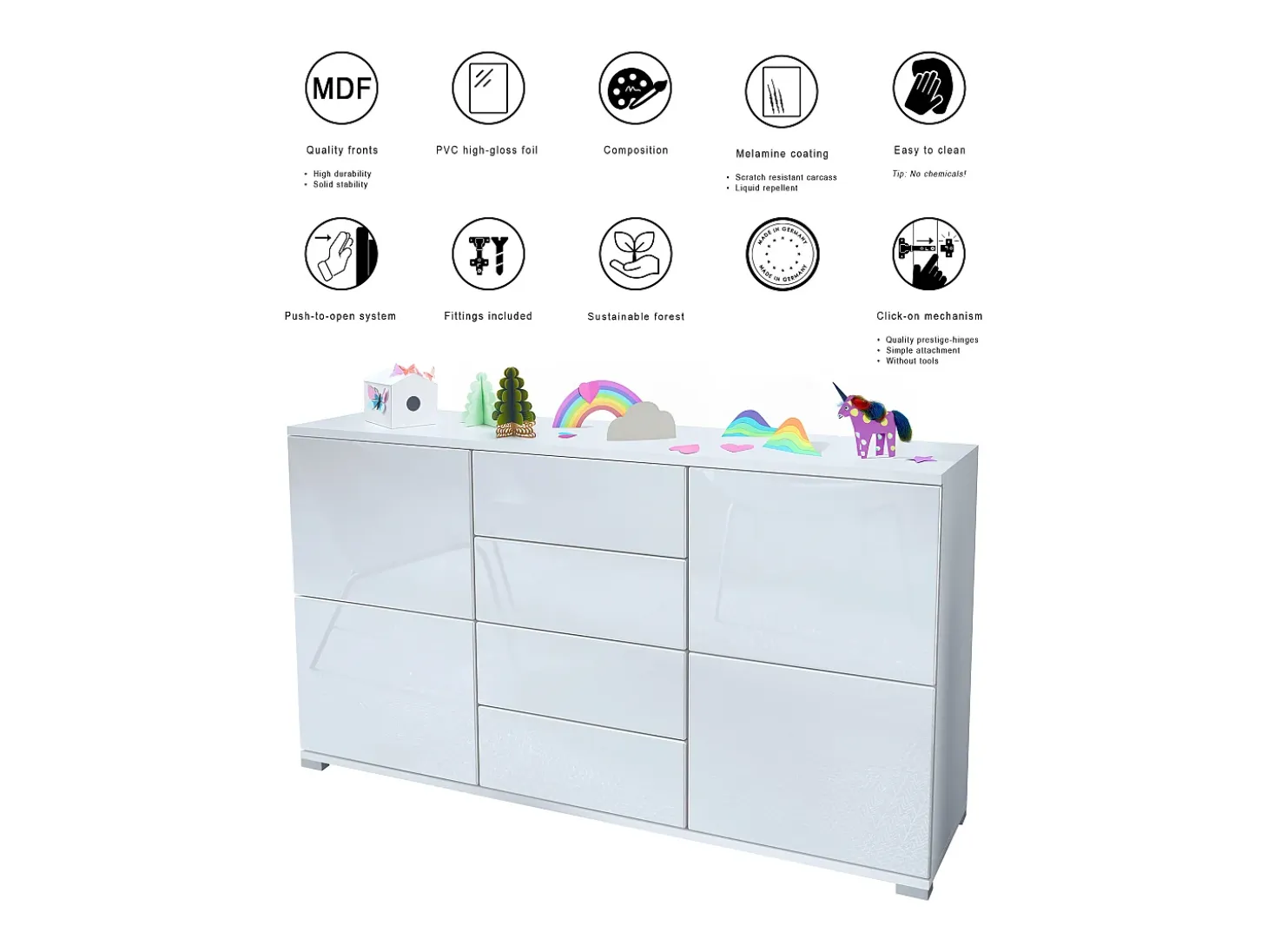 Aparador Rova V1 – Mueble con 4 Puertas y 4 Cajones, blanco mate/mezclilla mate (138,5 x 75,5 x 35)