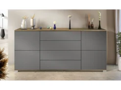 Aparador Rova V2 – Mueble con 4 Puertas y 4 Cajones, Roble Evoke/antracita mate (166,5 x 75,5 x 35)