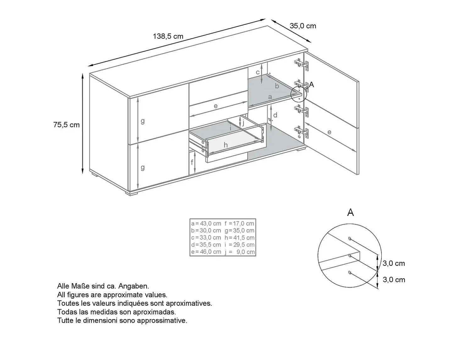 Aparador Rova V1 – Mueble con 4 Puertas y 4 Cajones, antracita mate/burdeos de alto brillo (138,5 x 75,5 x 35)