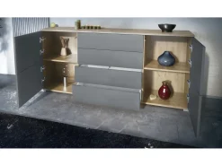 Aparador Rova V2 – Mueble con 4 Puertas y 4 Cajones, Roble Evoke/gris arena de alto brillo (166,5 x 75,5 x 35)