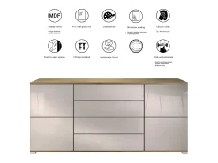 Aparador Rova V2 – Mueble con 4 Puertas y 4 Cajones, Roble Evoke/gris arena de alto brillo (166,5 x 75,5 x 35)