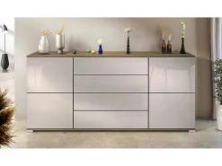 Aparador Rova V2 – Mueble con 4 Puertas y 4 Cajones, Roble Evoke/gris arena de alto brillo (166,5 x 75,5 x 35)
