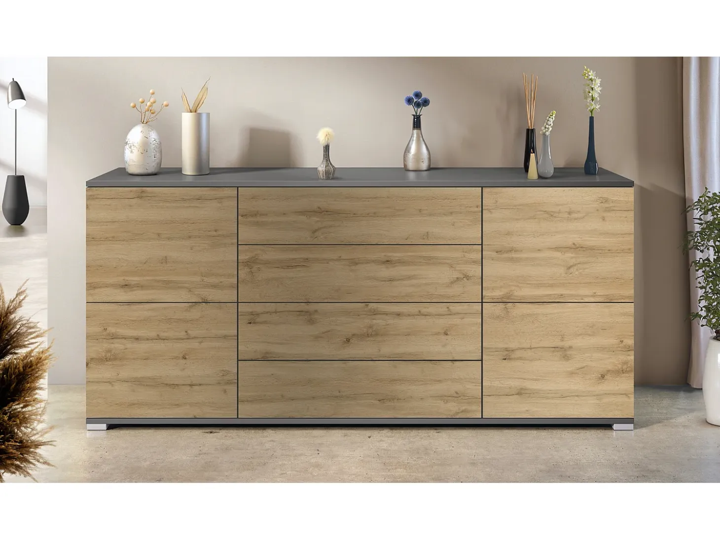 Aparador Rova V2 – Mueble con 4 Puertas y 4 Cajones, antracita mate/Roble Evoke (166,5 x 75,5 x 35)