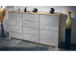 Aparador Rova V1 – Mueble con 4 Puertas y 4 Cajones, Roble Evoke/hormigón oxidado (138,5 x 75,5 x 35)