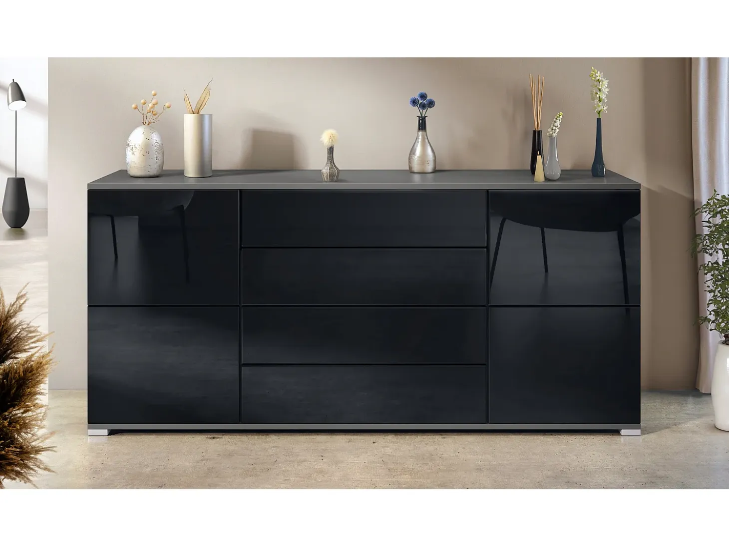 Aparador Rova V2 – Mueble con 4 Puertas y 4 Cajones, antracita mate/negro de alto brillo (166,5 x 75,5 x 35)