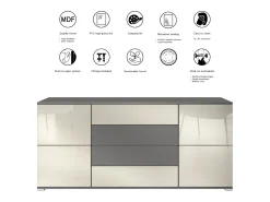 Aparador Rova V2 – Mueble con 4 Puertas y 4 Cajones, antracita mate/negro de alto brillo (166,5 x 75,5 x 35)