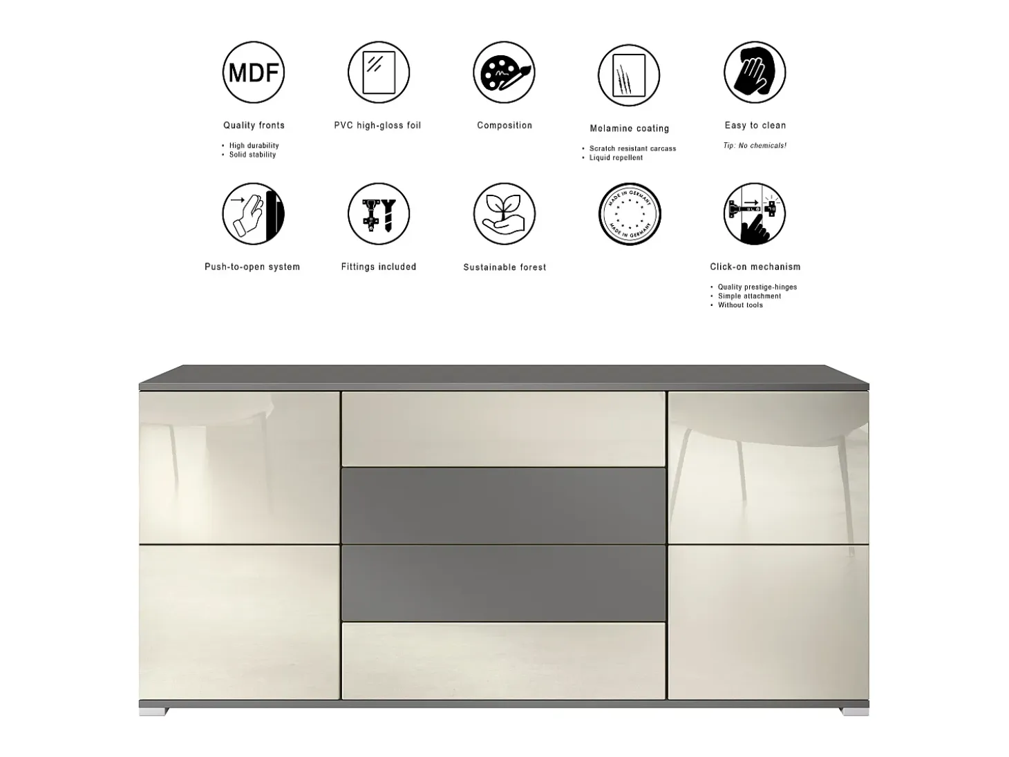 Aparador Rova V2 – Mueble con 4 Puertas y 4 Cajones, antracita mate/negro de alto brillo (166,5 x 75,5 x 35)