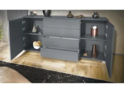 Aparador Rova V2 – Mueble con 4 Puertas y 4 Cajones, antracita mate/negro de alto brillo (166,5 x 75,5 x 35)