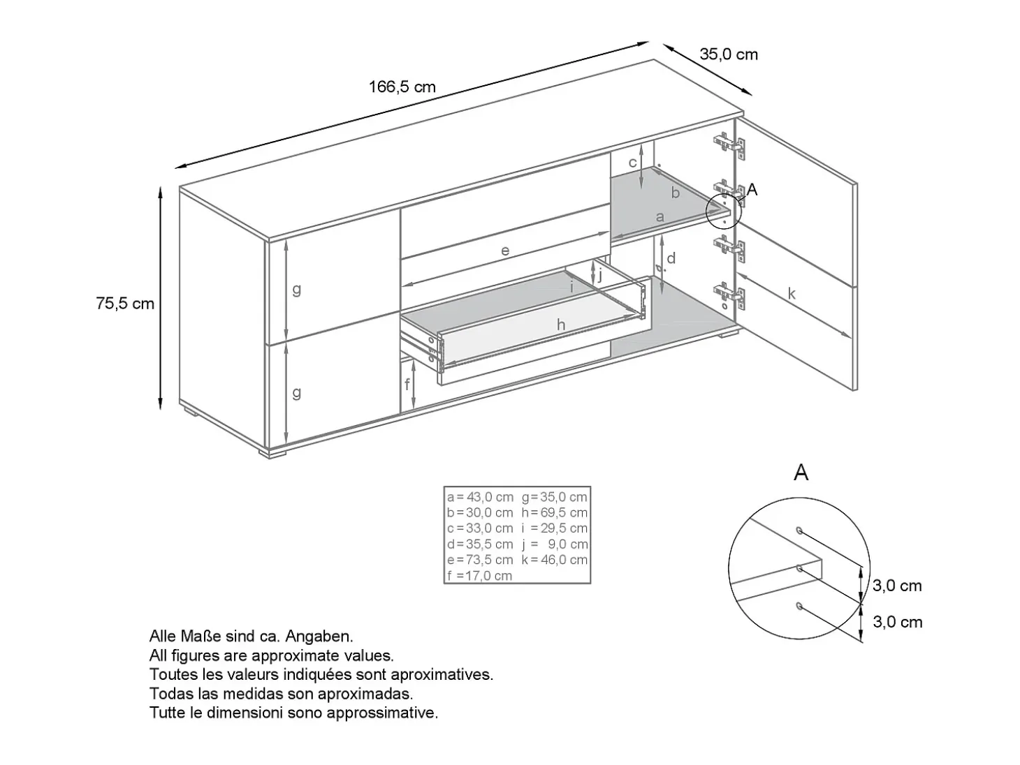 Aparador Rova V2 – Mueble con 4 Puertas y 4 Cajones, antracita mate/negro de alto brillo (166,5 x 75,5 x 35)