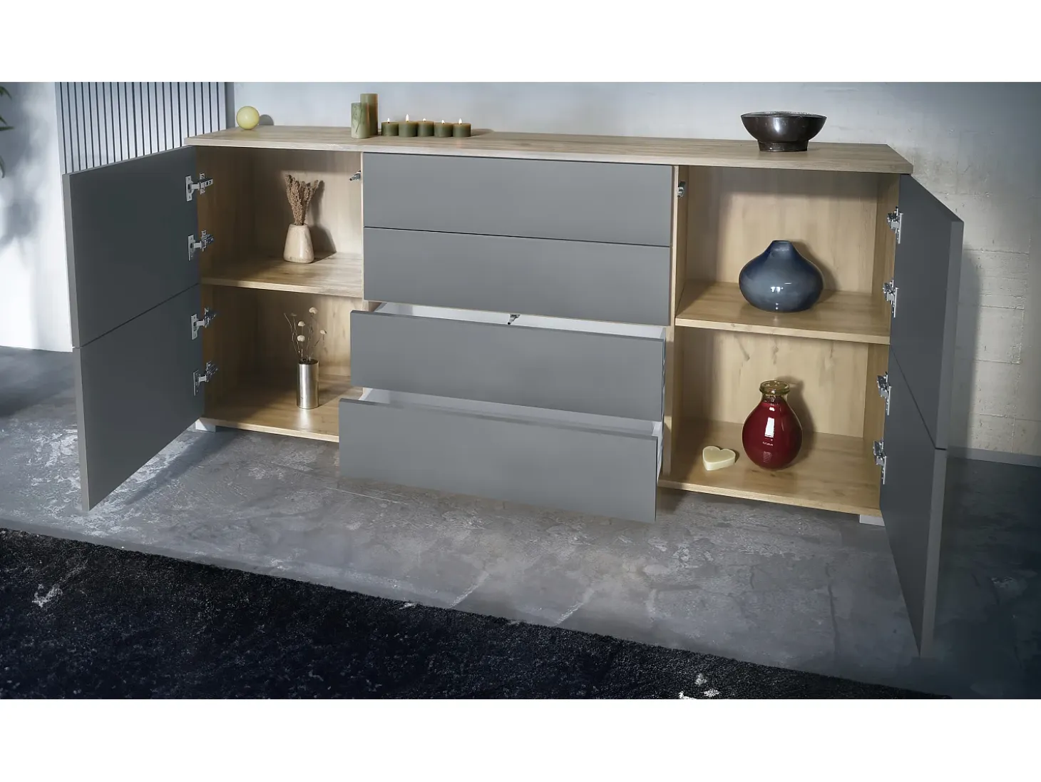Aparador Rova V2 – Mueble con 4 Puertas y 4 Cajones, Roble Evoke/mezclilla mate (166,5 x 75,5 x 35)