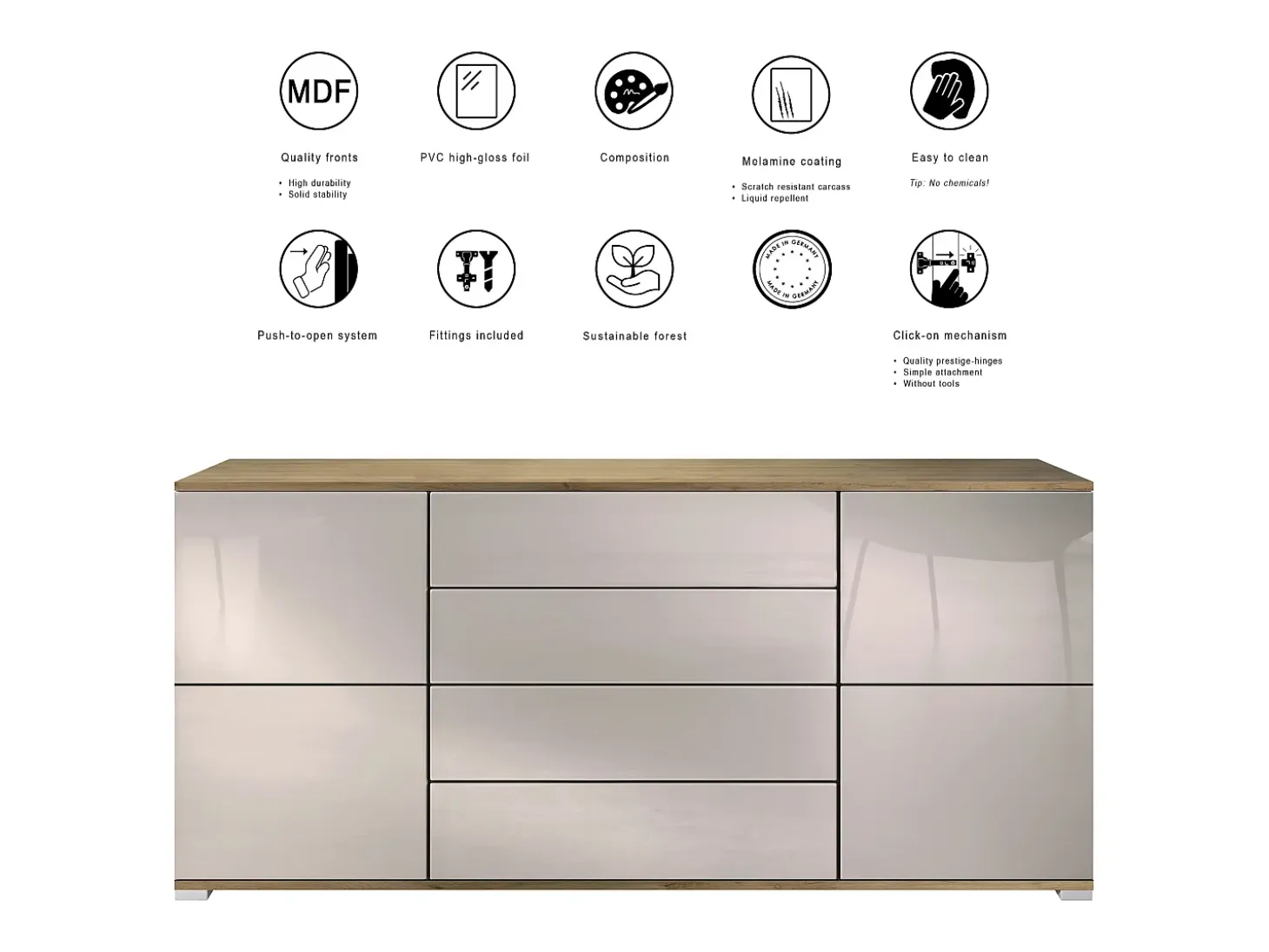 Aparador Rova V2 – Mueble con 4 Puertas y 4 Cajones, Roble Evoke/mezclilla mate (166,5 x 75,5 x 35)
