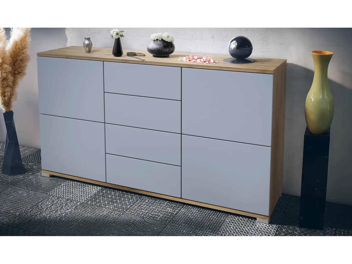 Aparador Rova V1 – Mueble con 4 Puertas y 4 Cajones, Roble Evoke/mezclilla mate (138,5 x 75,5 x 35)