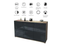 Aparador Rova V1 – Mueble con 4 Puertas y 4 Cajones, Roble Evoke/mezclilla mate (138,5 x 75,5 x 35)
