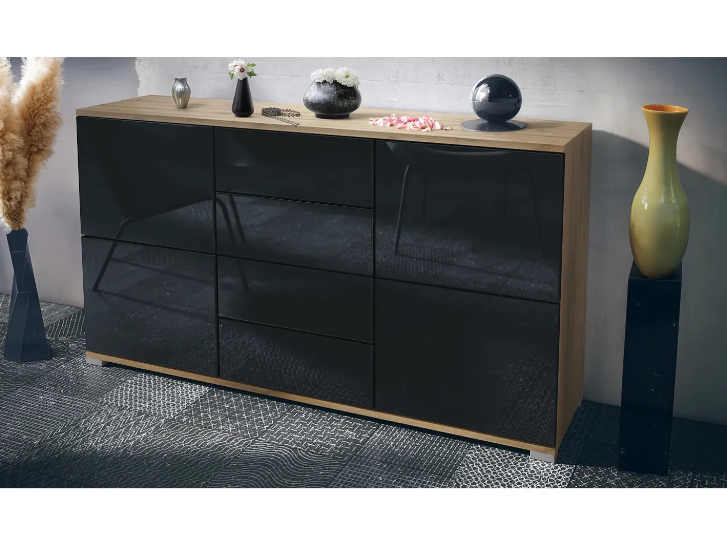 Aparador Rova V1 – Mueble con 4 Puertas y 4 Cajones, Roble Evoke/negro de alto brillo (138,5 x 75,5 x 35)