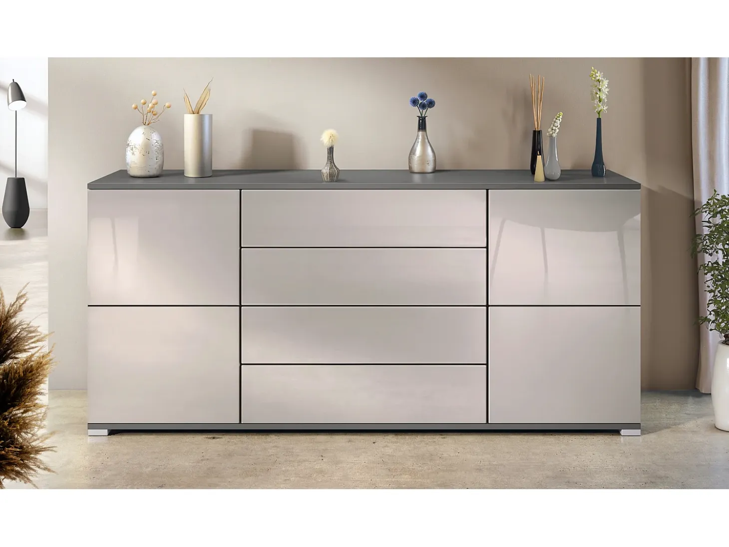 Aparador Rova V2 – Mueble con 4 Puertas y 4 Cajones, antracita mate/gris arena de alto brillo (166,5 x 75,5 x 35)
