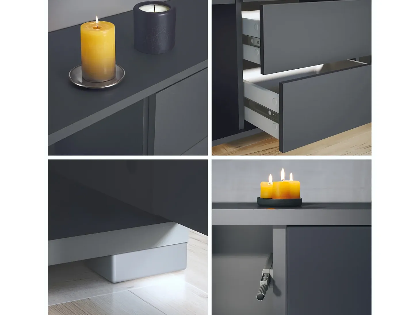 Aparador Rova V2 – Mueble con 4 Puertas y 4 Cajones, antracita mate/gris arena de alto brillo (166,5 x 75,5 x 35)