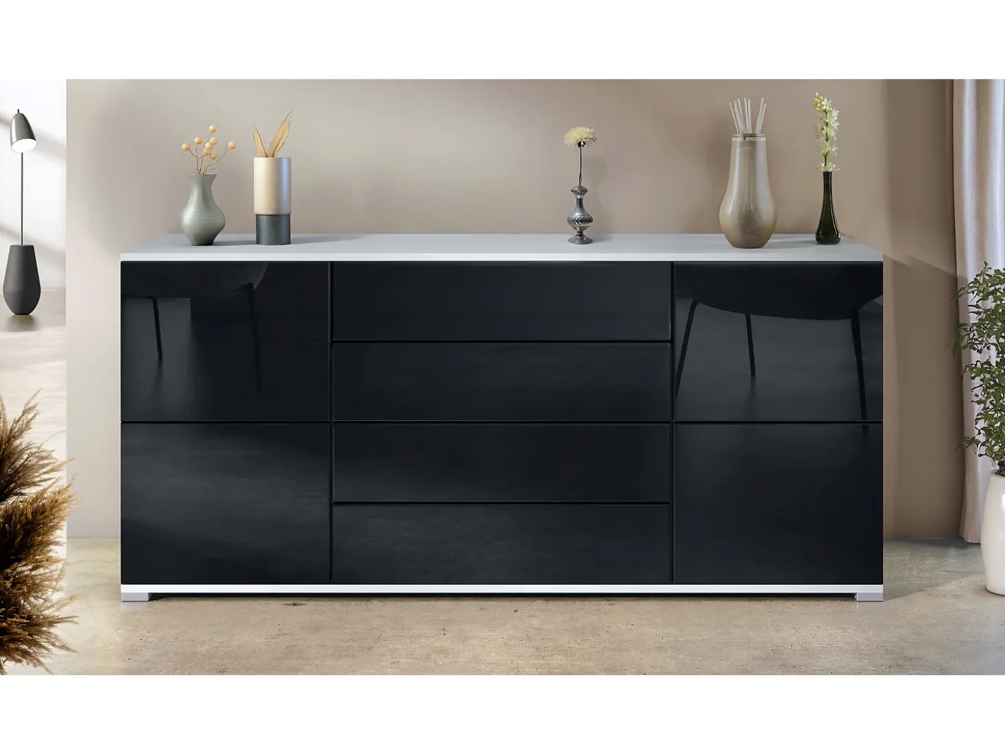 Aparador Rova V2 – Mueble con 4 Puertas y 4 Cajones, blanco mate/negro de alto brillo (166,5 x 75,5 x 35)