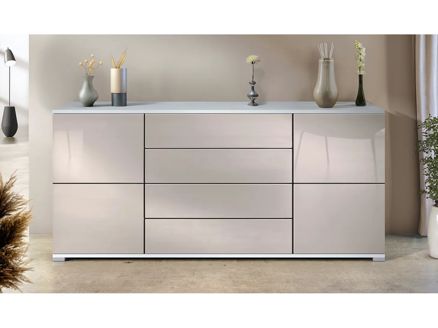Aparador Rova V2 – Mueble con 4 Puertas y 4 Cajones, blanco mate/gris arena de alto brillo (166,5 x 75,5 x 35)