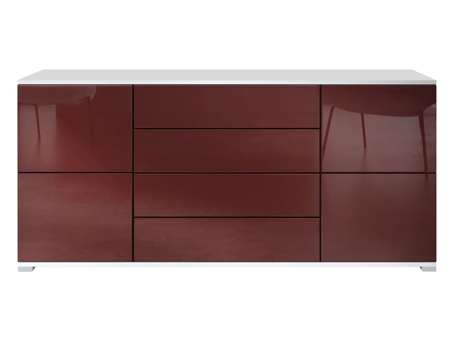 Aparador Rova V2 – Mueble con 4 Puertas y 4 Cajones, blanco mate/burdeos de alto brillo (166,5 x 75,5 x 35)
