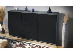 Aparador Santo V1, Mueble con 2 puertas y 4 cajones, antracita mate / negro mate (138,5 x 75,5 x 35 cm)