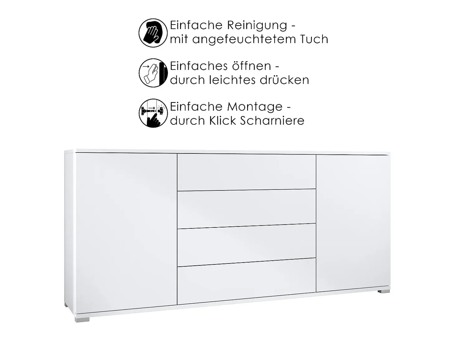 Aparador Santo V2, Mueble con 2 puertas y 4 cajones, blanco mate / blanco mate (166,5 x 75,5 x 35 cm)
