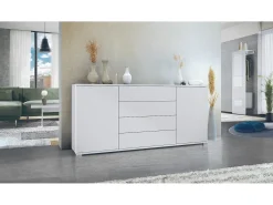 Aparador Santo V2, Mueble con 2 puertas y 4 cajones, blanco mate / blanco mate (166,5 x 75,5 x 35 cm)