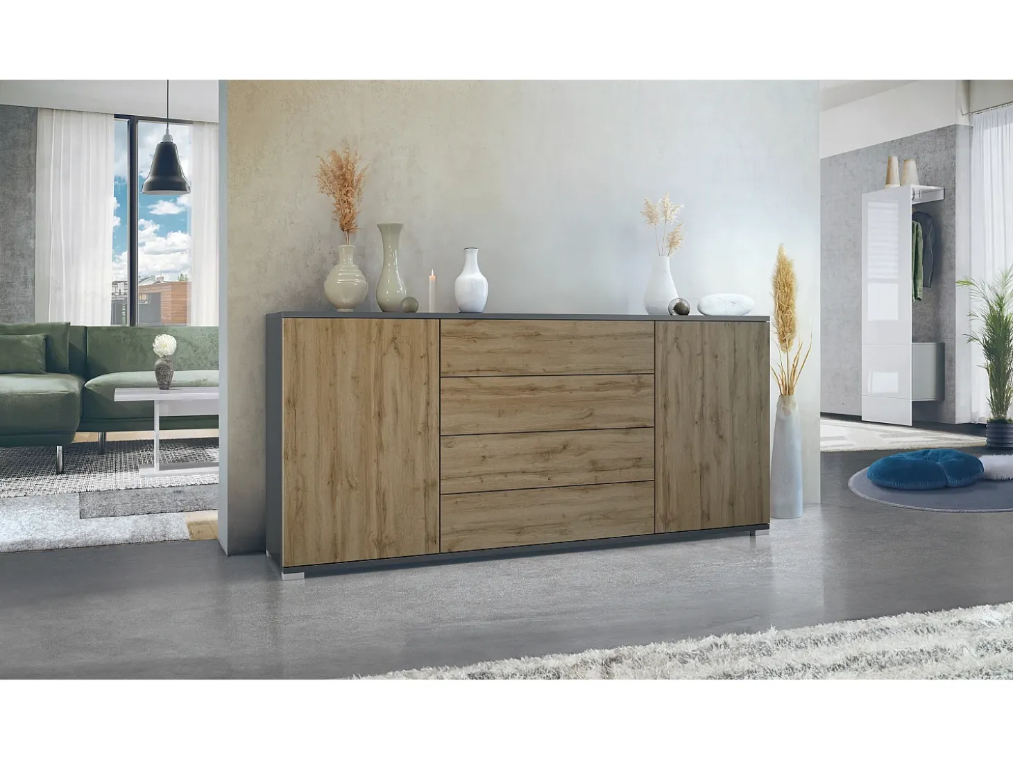 Aparador Santo V2, Mueble con 2 puertas y 4 cajones, antracita mate / Roble Evoke (166,5 x 75,5 x 35 cm)