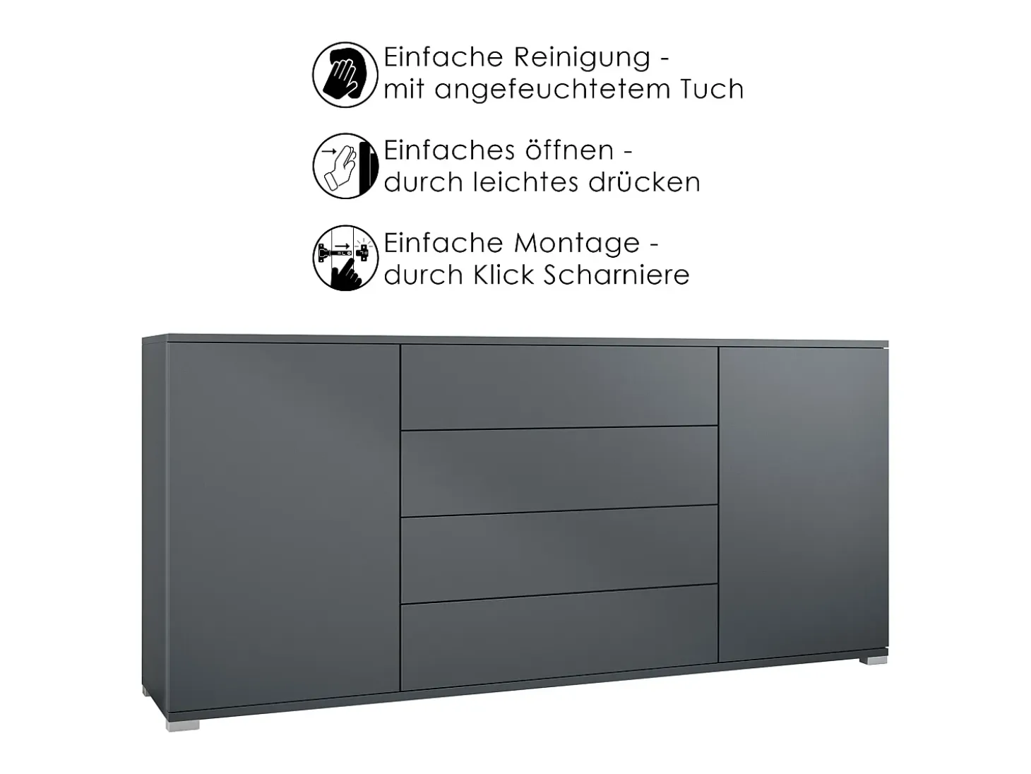 Aparador Santo V2, Mueble con 2 puertas y 4 cajones, antracita mate / Roble Evoke (166,5 x 75,5 x 35 cm)