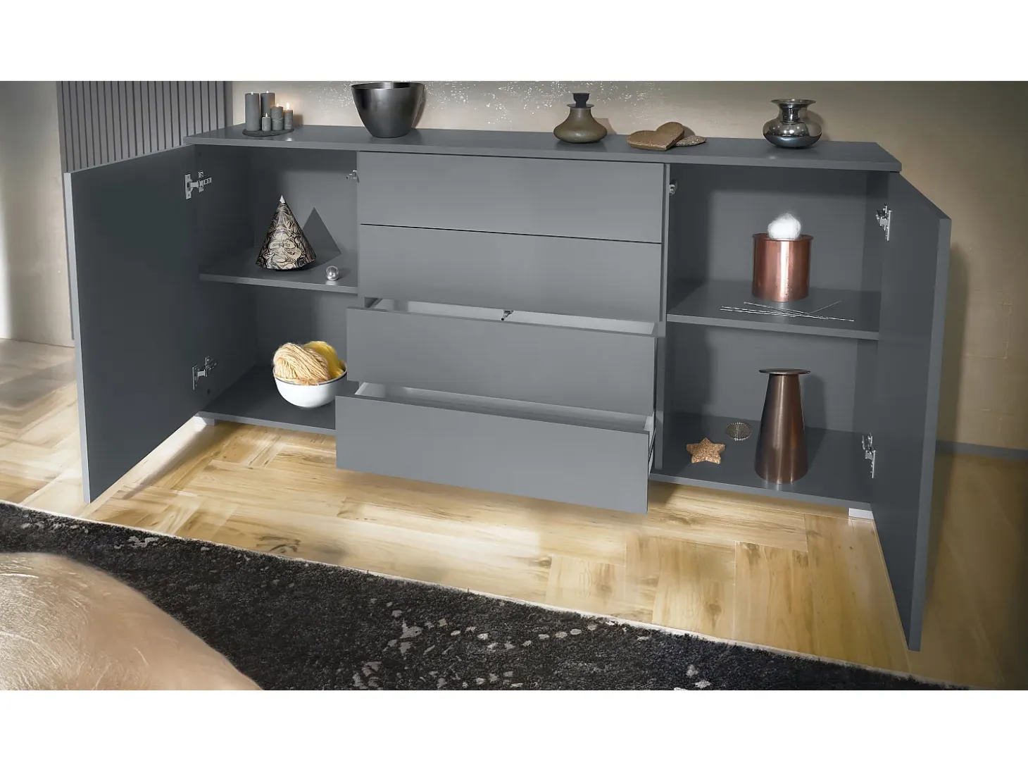 Aparador Santo V2, Mueble con 2 puertas y 4 cajones, antracita mate / Roble Evoke (166,5 x 75,5 x 35 cm)