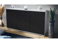 Aparador Santo V1, Mueble con 2 puertas y 4 cajones, blanco mate / negro mate (138,5 x 75,5 x 35 cm)