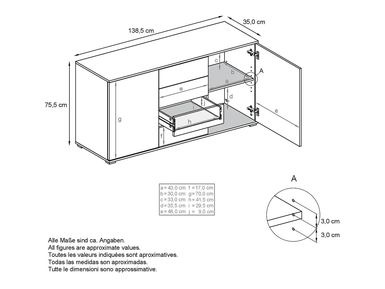 Aparador Santo V1, Mueble con 2 puertas y 4 cajones, blanco mate / negro mate (138,5 x 75,5 x 35 cm)