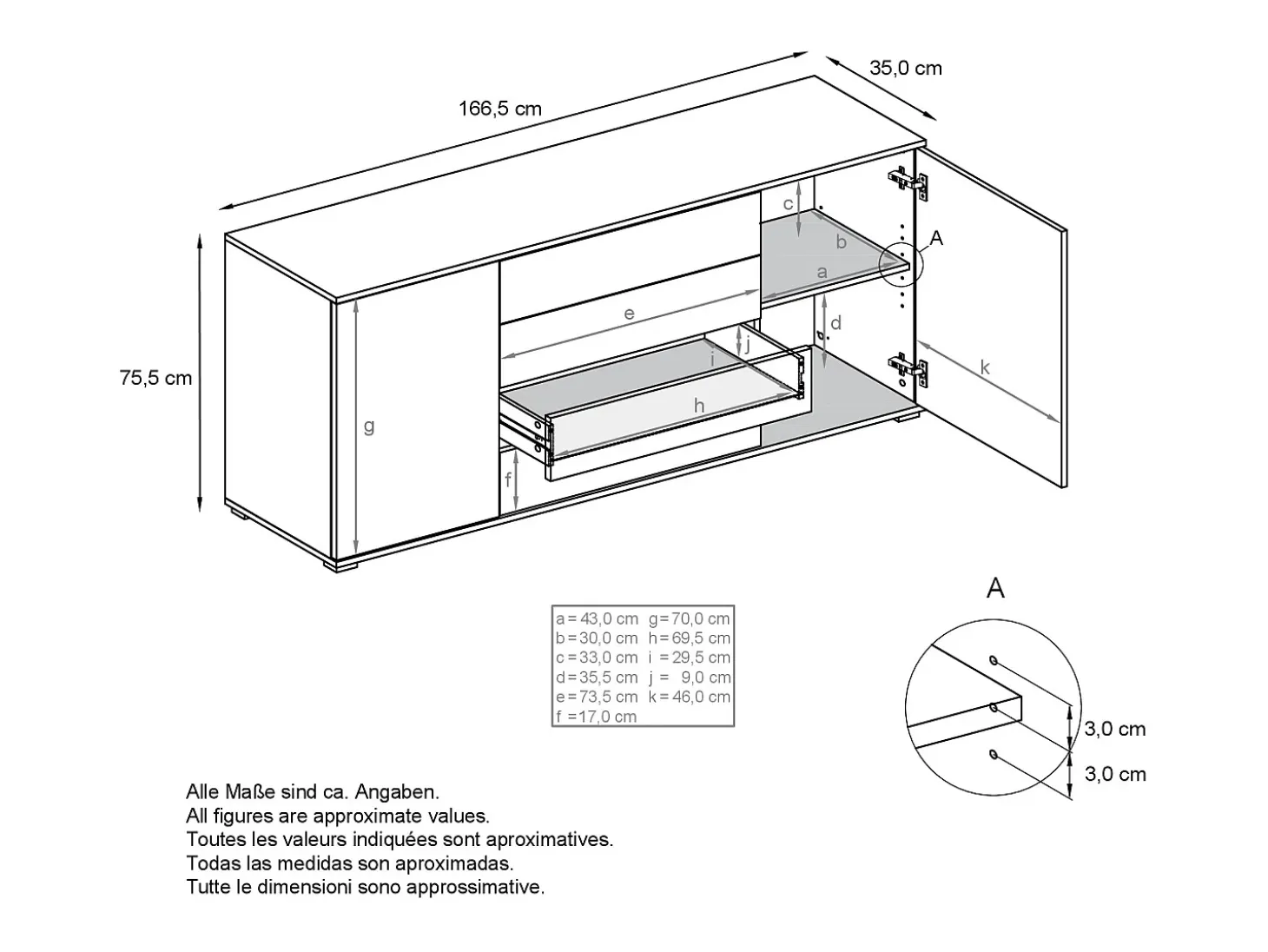 Aparador Santo V2, Mueble con 2 puertas y 4 cajones, Roble Evoke / antracita mate (166,5 x 75,5 x 35 cm)