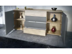 Aparador Santo V2, Mueble con 2 puertas y 4 cajones, Roble Evoke / antracita mate (166,5 x 75,5 x 35 cm)