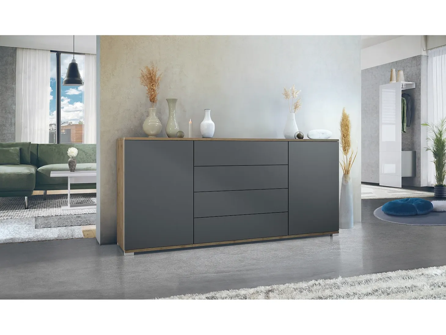 Aparador Santo V2, Mueble con 2 puertas y 4 cajones, Roble Evoke / antracita mate (166,5 x 75,5 x 35 cm)