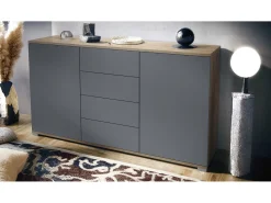 Aparador Santo V1, Mueble con 2 puertas y 4 cajones, Roble Evoke / antracita mate (138,5 x 75,5 x 35 cm)
