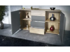 Aparador Santo V1, Mueble con 2 puertas y 4 cajones, Roble Evoke / antracita mate (138,5 x 75,5 x 35 cm)