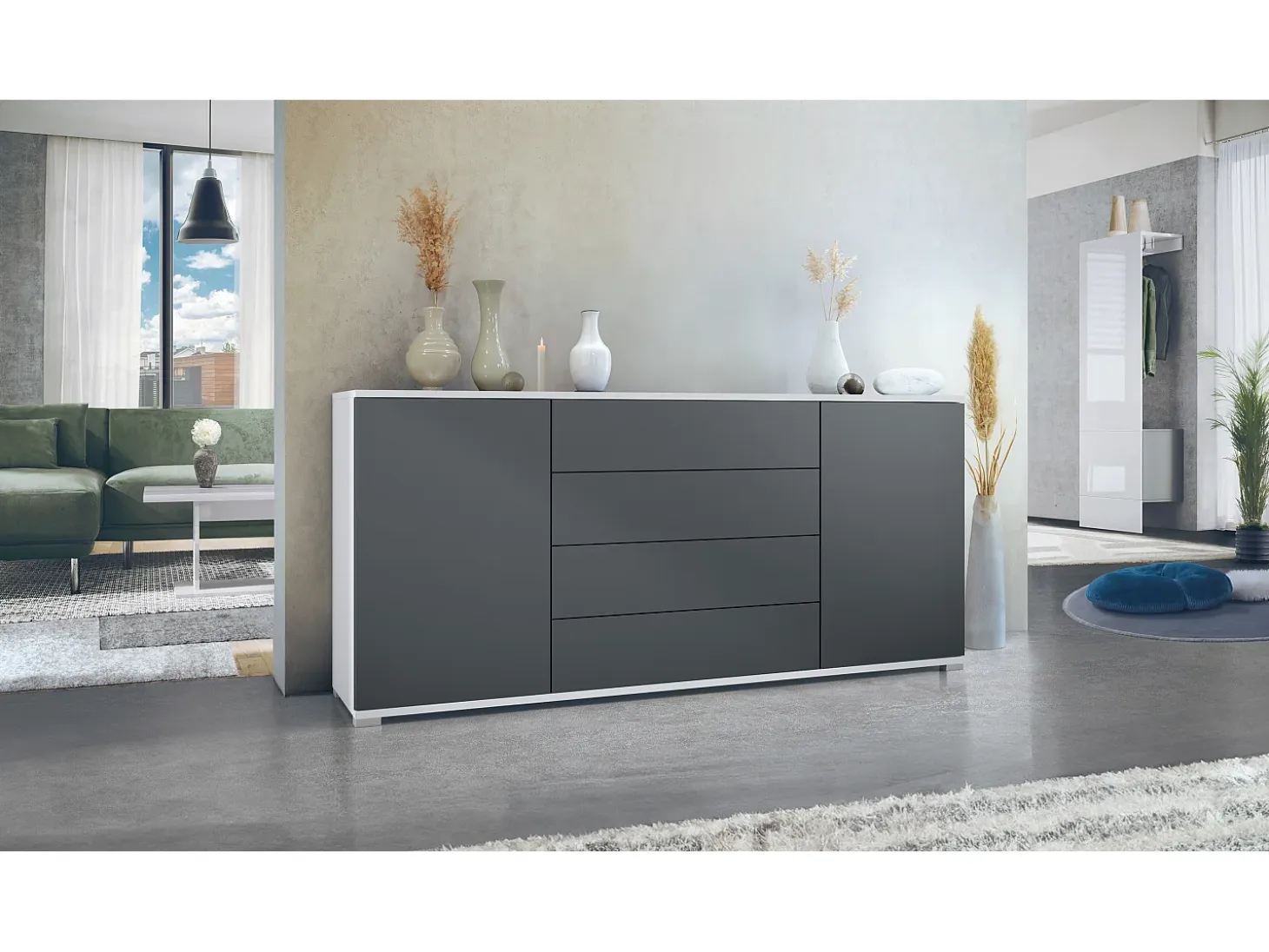 Aparador Santo V2, Mueble con 2 puertas y 4 cajones, blanco mate / antracita mate (166,5 x 75,5 x 35 cm)