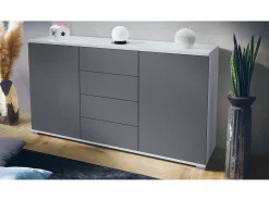 Aparador Santo V1, Mueble con 2 puertas y 4 cajones, blanco mate / antracita mate (138,5 x 75,5 x 35 cm)