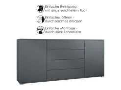 Aparador Santo V2, Mueble con 2 puertas y 4 cajones, antracita mate / negro mate (166,5 x 75,5 x 35 cm)