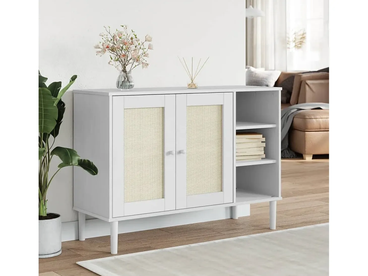 Aparador SENJA aspecto de ratán madera pino blanco 112x40x80 cm ES79572