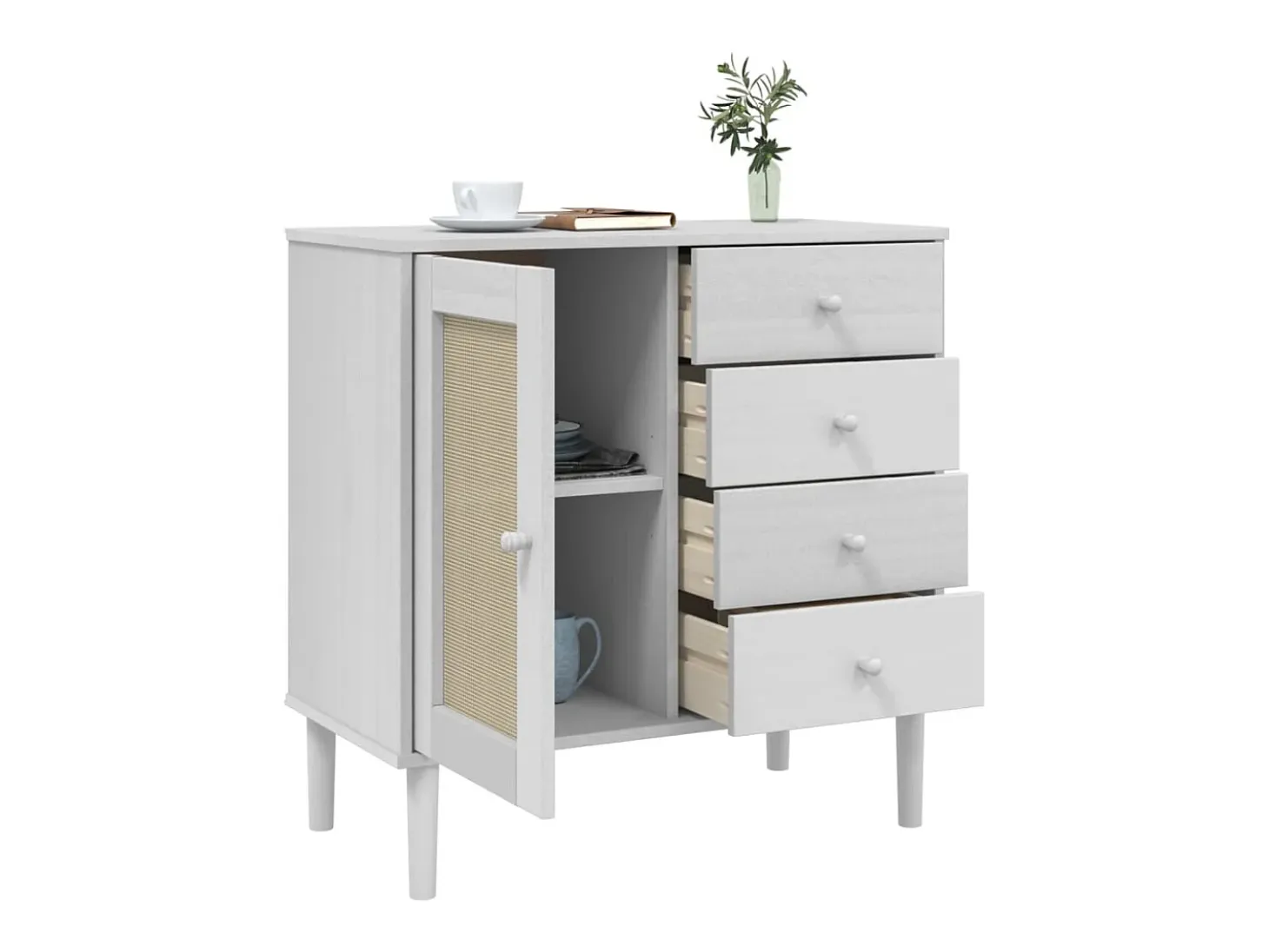 Aparador SENJA en aspecto ratán blanco 80x40x80 cm madera maciza de pino